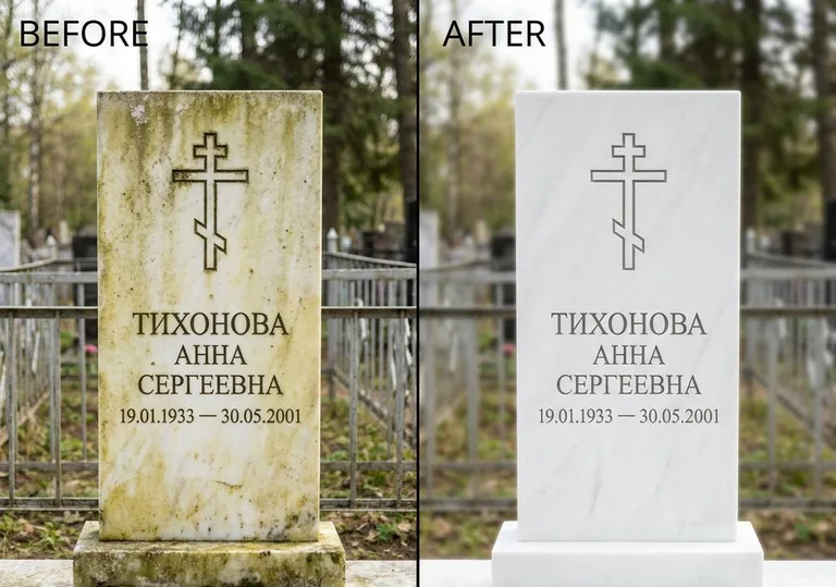 Восстановление мраморного надгробия от желтизны: до и после в Ижевске