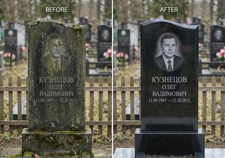 Реставрация гранитного памятника: до и после чистки и полировки в Ижевске