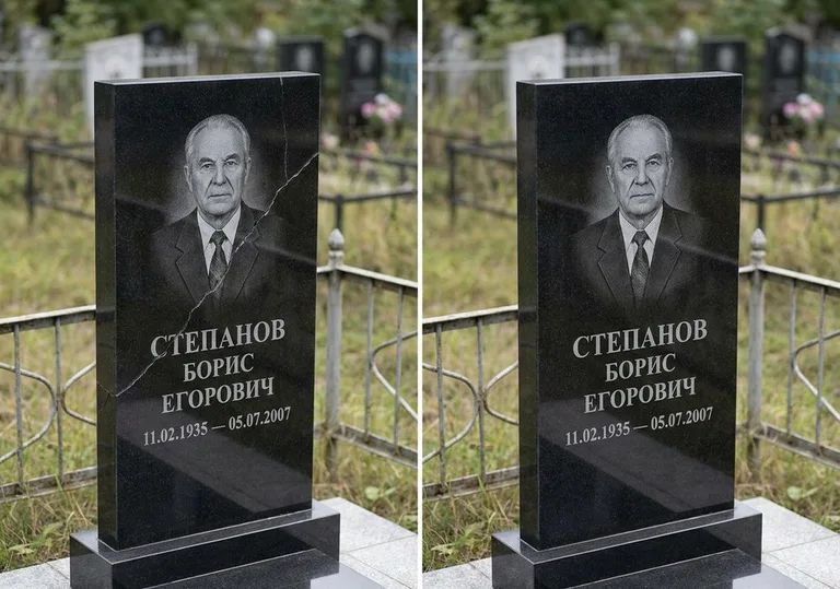 Восстановление надписи и портрета на памятнике: до и после в Ижевске