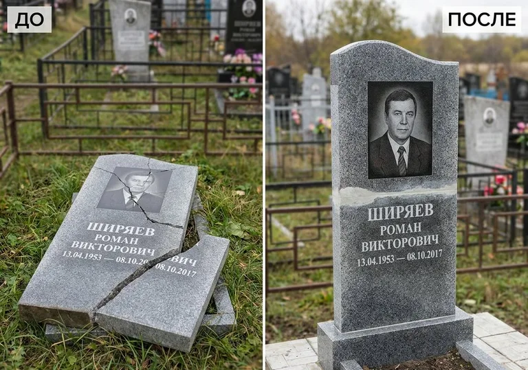 Обновление золочёных букв на граните: до и после в Ижевске