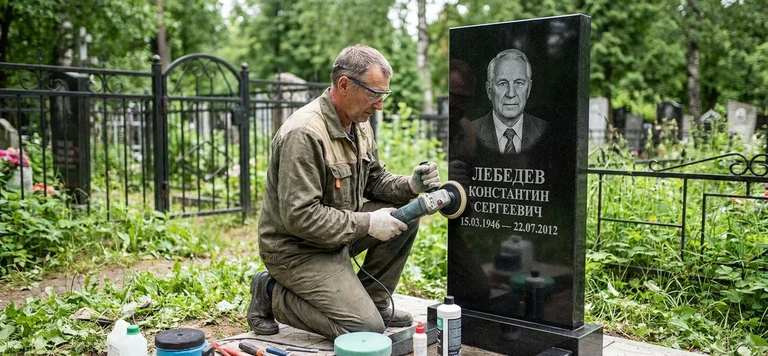 Реставрация памятника в Ижевске — восстановление гранита, заделка трещин и обновление надписей на кладбище