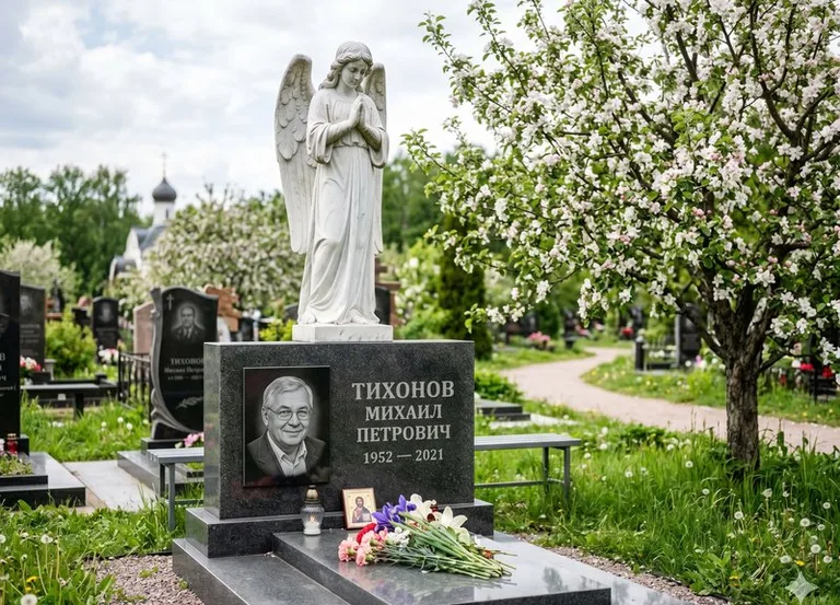 Мраморный молящийся ангел на гранитном памятнике весной в Ижевске
