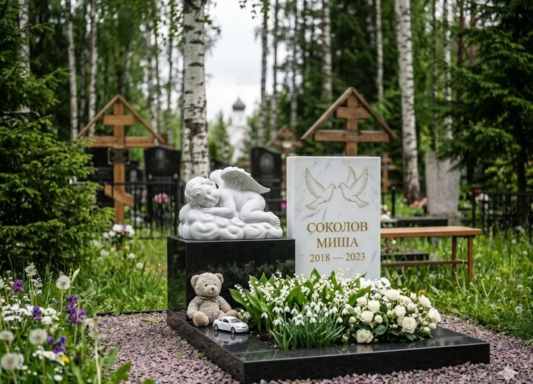 Белый ангелочек на детском памятнике в Ижевске