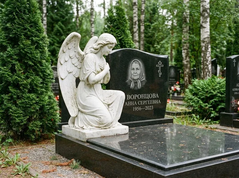 Белый мраморный ангел на гранитном памятнике в Ижевске