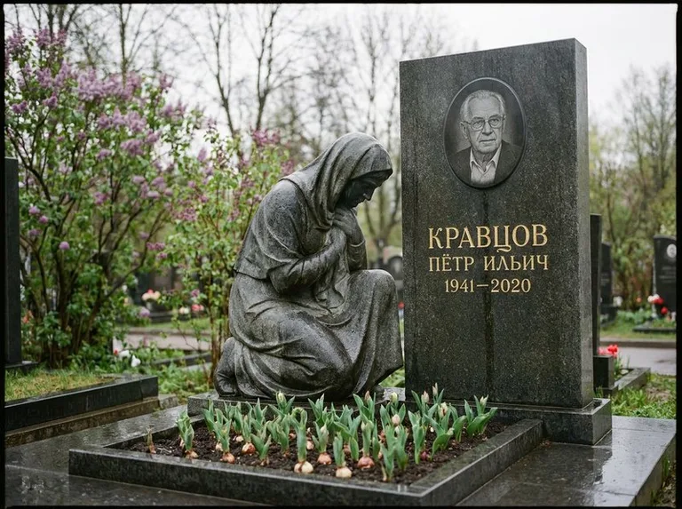 Гранитная скорбящая фигура у стелы на кладбище в Ижевске