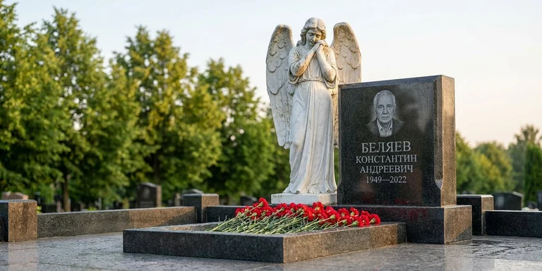 Скульптура на памятник в Ижевске — мраморный ангел на гранитном мемориале