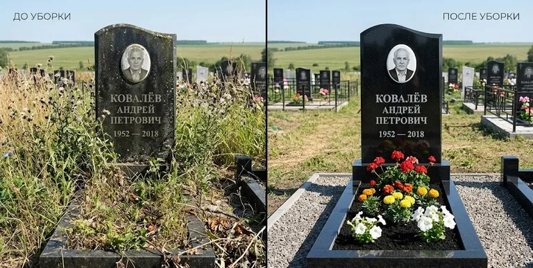 Уборка могилы до и после — ухоженный участок в Ижевске