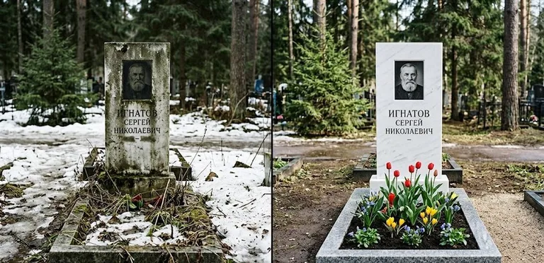 Диптих №6: высадка хризантем у подножия серого гранита — до и после уборки в Ижевске