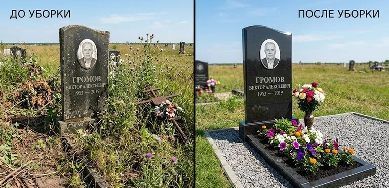Уборка участка с обелиском до и после в Ижевске