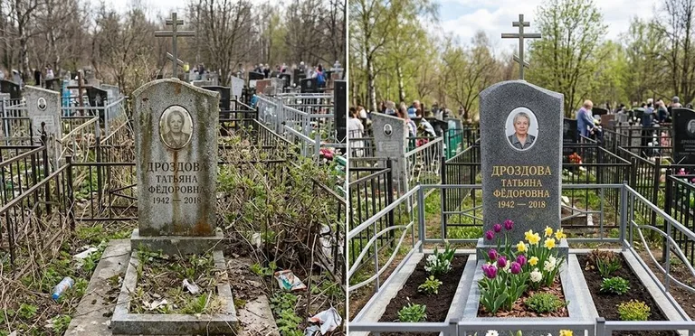 Диптих №4: свежепокрашенная серебром оградка и отмытый красный гранит — до и после в Ижевске