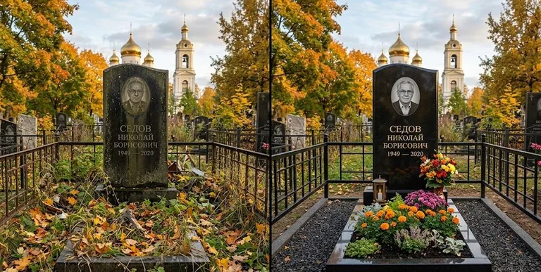 Уборка могилы до и после осенью — у церкви в Ижевске