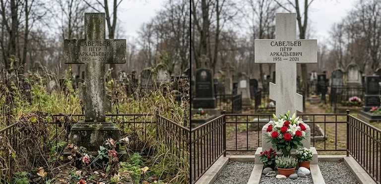 Диптих №2: мойка чёрного гранита и подметание щебёночной засыпки — до и после в Ижевске
