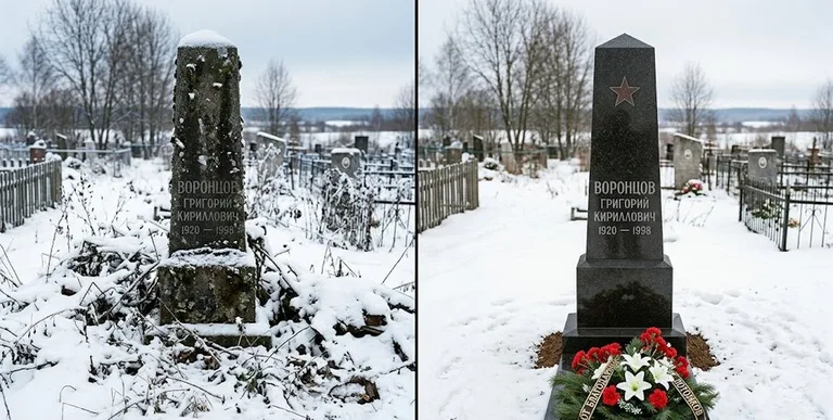 Уборка могилы до и после зимой — воинский обелиск в Ижевске