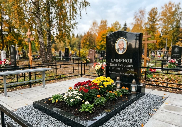 Ухоженная могила после уборки и мойки памятника в Ижевске