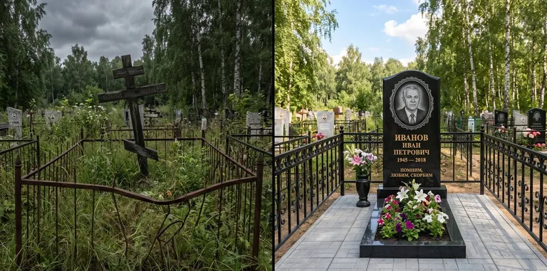 Благоустройство могилы до и после установки памятника в Ижевске