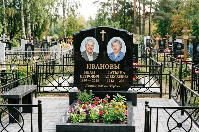 Установленный гранитный памятник с цветником и благоустройством в Ижевске