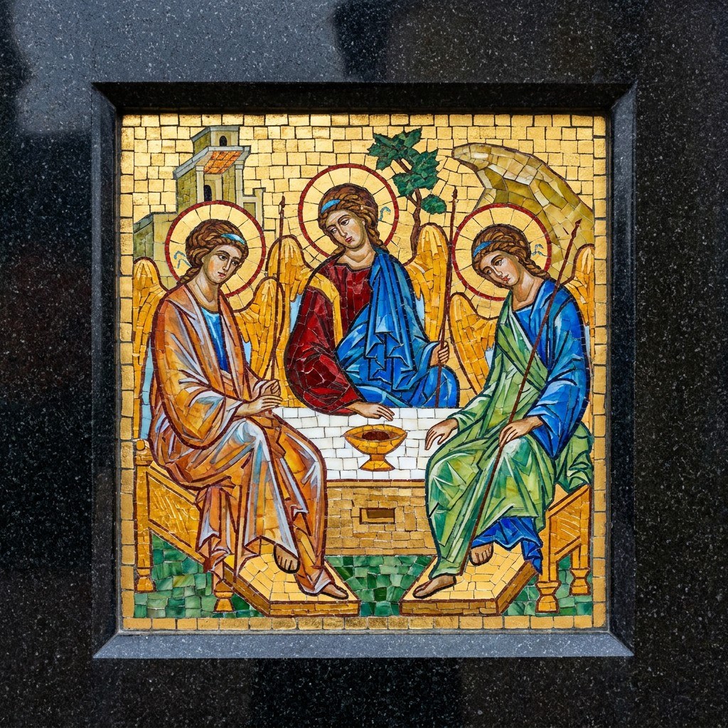Мозаика на памятник: икона святой троицы — канонический сюжет