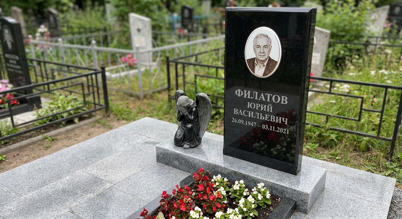 Памятник со скульптурой ангела из чёрного гранита с овальным портретом, Александровском кладбище