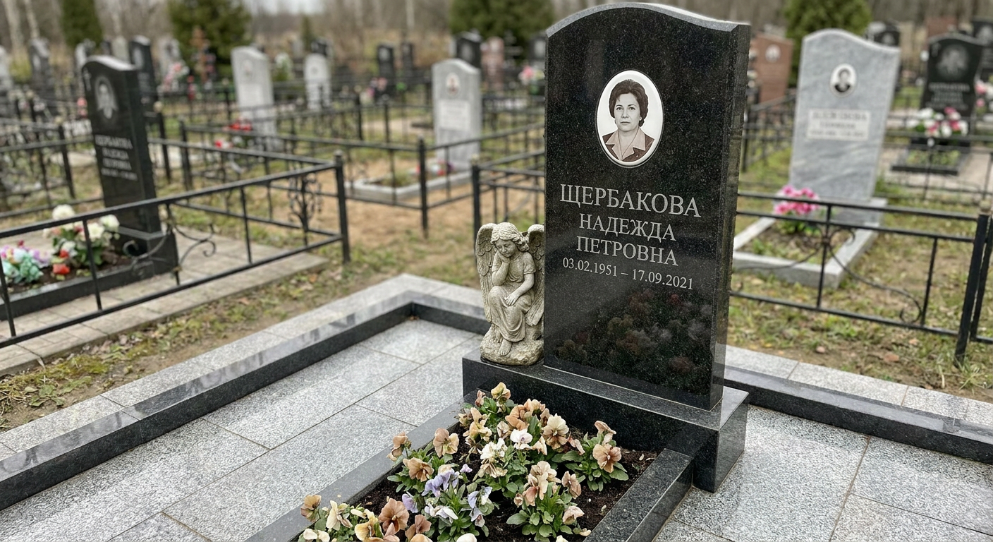 Памятник со скульптурой ангела из чёрного гранита с овальным портретом, Южном кладбище