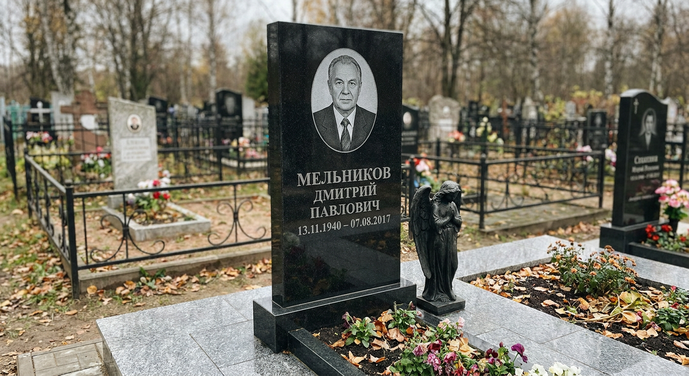 Памятник со скульптурой ангела из чёрного гранита с овальным портретом, Хохряковском кладбище