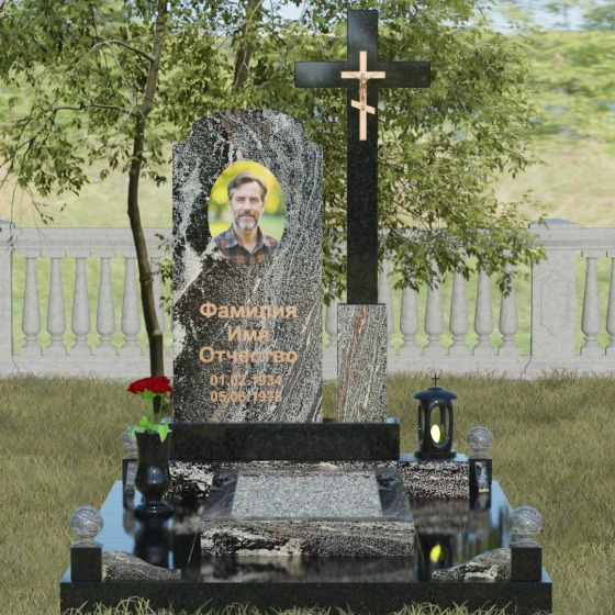 Гранитный вертикальный памятник с крестом во Владивостоке, гранит амфиболит, вид 2