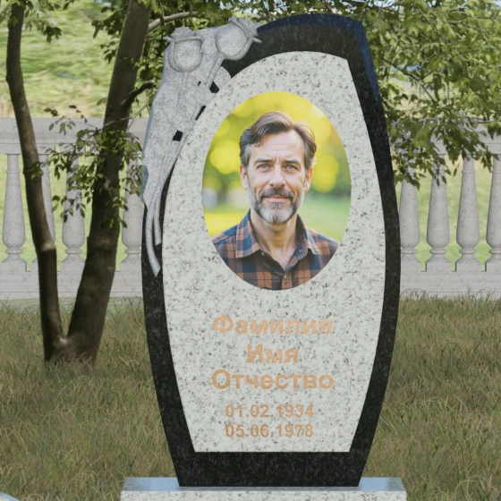 Вертикальный комбинированный памятник без креста в Мурманске, гранит Мансуровский