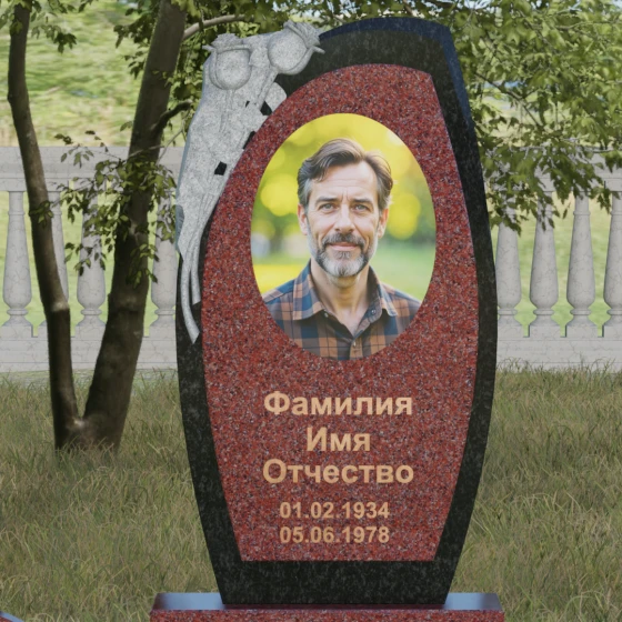 Вертикальный комбинированный памятник без креста в Мурманске, гранит Лезниковский
