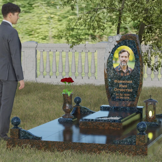 Вертикальный комбинированный памятник без креста в Мурманске, гранит Блю Перл, вид 4