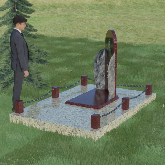 Гранитный монумент асимметричный с необработанной скалой, гранит Лезниковский, вид 4, в Якутске