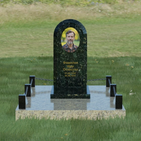 Гранитный памятник-арка с овальной нишей, гранит Балтик грин, вид 2