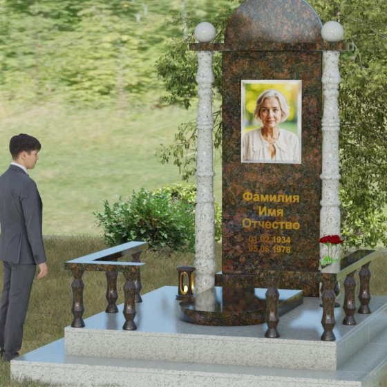 Мемориальный комплекс с портальной стелой и колоннами, гранит Дымовский, вид 4