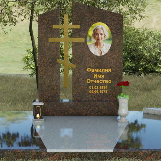 Православный комбинированный памятник с крестом, гранит Дымовский, вид 2, в Якутске