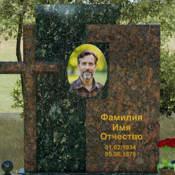 Комбинированный православный памятник с крестом в Барнауле, гранит Балтик грин