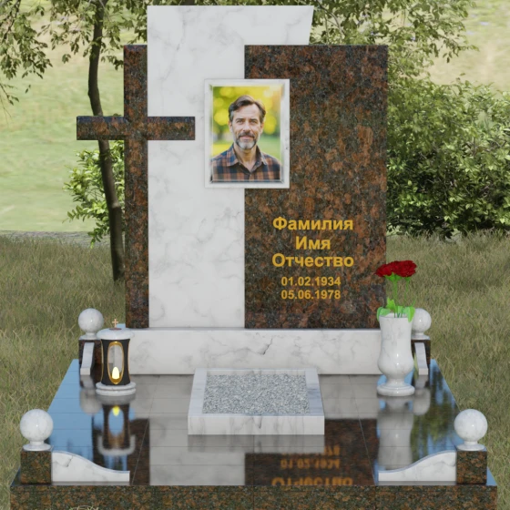 Комбинированный православный памятник с крестом в Барнауле, мрамор Тассос, вид 2