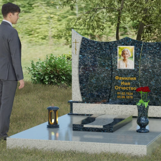 Комбинированное надгробие с волнообразным краем, гранит Блю Перл, вид 4, в Якутске