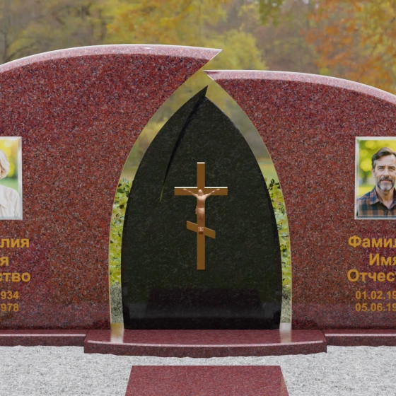 Комбинированный двойной памятник с аркой и крестом, гранит Лезниковский