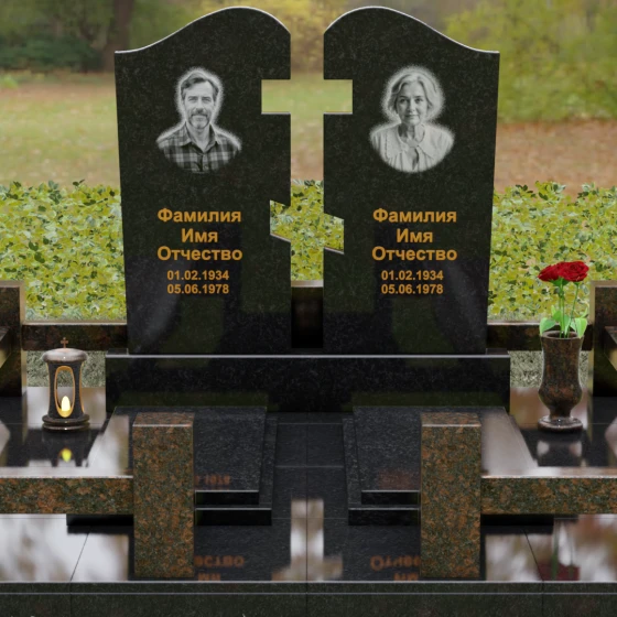 Вертикальный Гранитный памятник на двоих в Альметьевске, гранит Габбро-диабаз, вид 2
