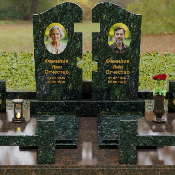 Вертикальный Гранитный памятник на двоих в Альметьевске, гранит Балтик грин, вид 2