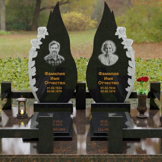 Памятник из гранита с розами и плавными изгибами, гранит Габбро-диабаз, вид 2