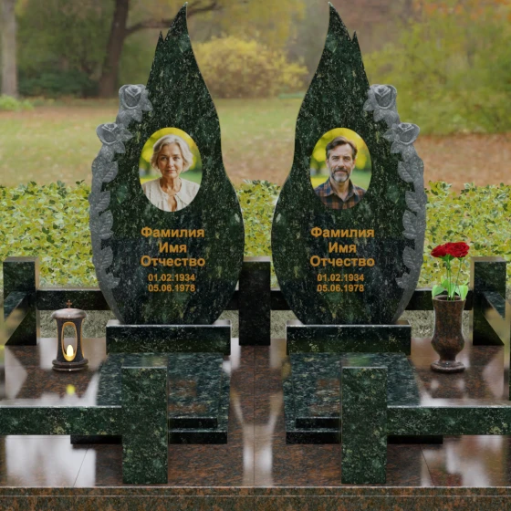 Памятник из гранита с розами и плавными изгибами, гранит Балтик грин, вид 2