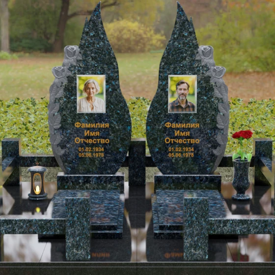 Памятник из гранита с розами и плавными изгибами, гранит Блю Перл, вид 2