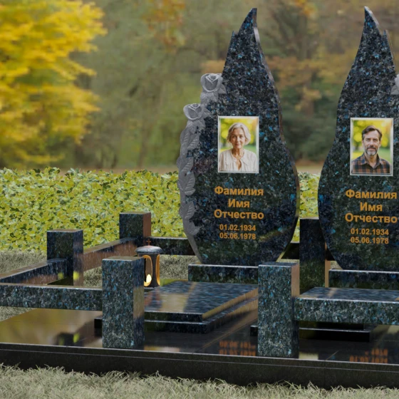 Памятник из гранита с розами и плавными изгибами, гранит Блю Перл, вид 4