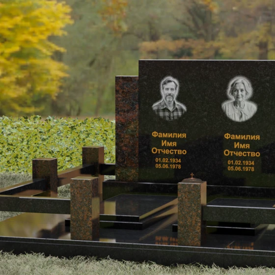Комбинированный горизонтальный памятник на двоих в Ставрополе, гранит Габбро-диабаз, вид 4