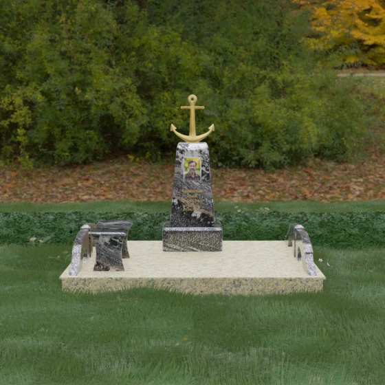 Вертикальный комбинированный памятник для одного во Владивостоке, гранит амфиболит, вид 2