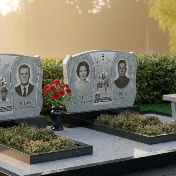 Гранитный памятник с крестом на двоих в Липецке, гранит Мансуровский