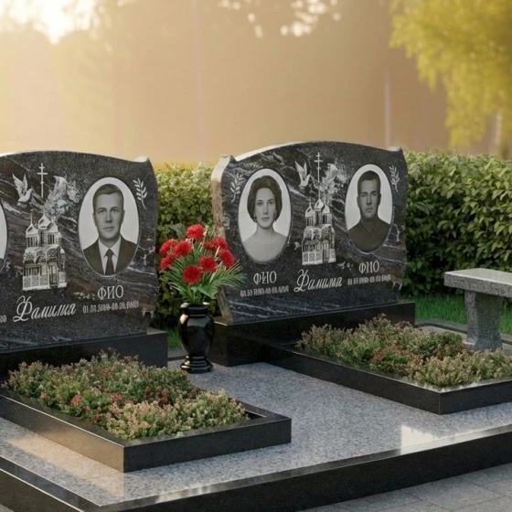 Гранитный памятник с крестом на двоих в Липецке, гранит амфиболит