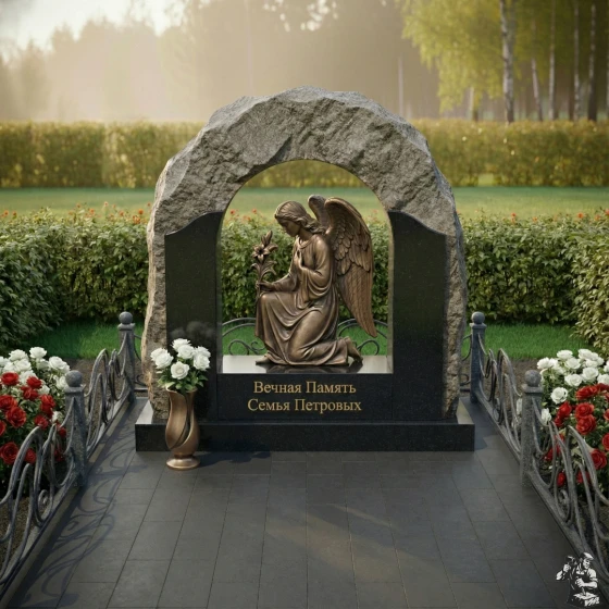 Мемориальная композиция с аркой и бронзовым ангелом, гранит Габбро-диабаз, в Якутске
