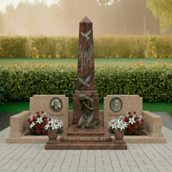Элитный гранитный обелиск с голубями и ловцом снов, гранит Дымовский