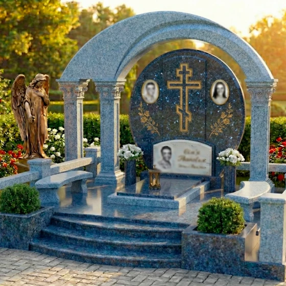 Гранитный памятник на троих с крестом в Омске, гранит Блю Перл