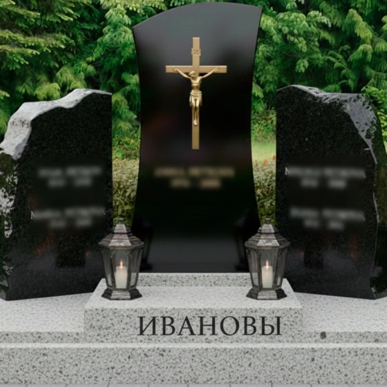 Православный гранитный памятник с крестом на двоих во Владивостоке, гранит Габбро-диабаз